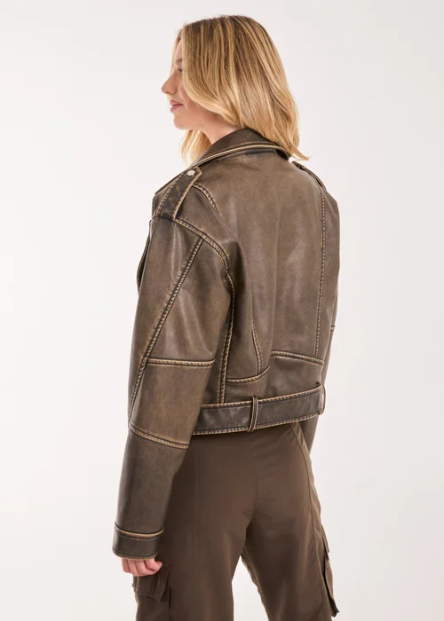Pink Vanilla Brown Stone Wash PU Biker Jacket - S Image 3