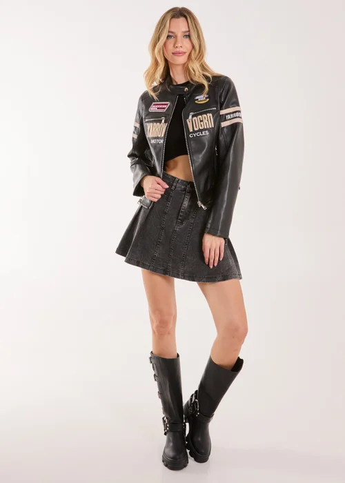 Pink Vanilla Black Denim Acid Wash Pleated Mini Skirt - S Image 2