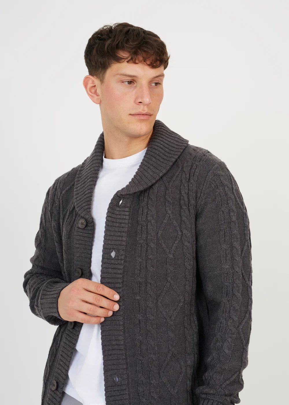 Brave Soul Dark Grey Shawl Neck Cable Knit Cardigan - S Image 3