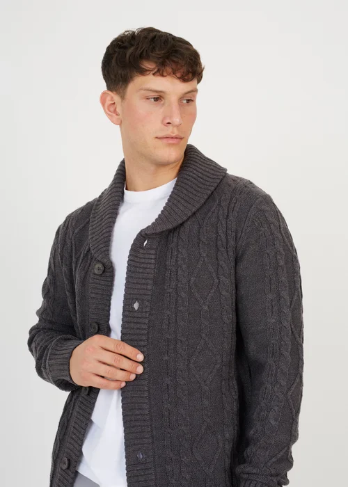 Brave Soul Dark Grey Shawl Neck Cable Knit Cardigan - S Image 3