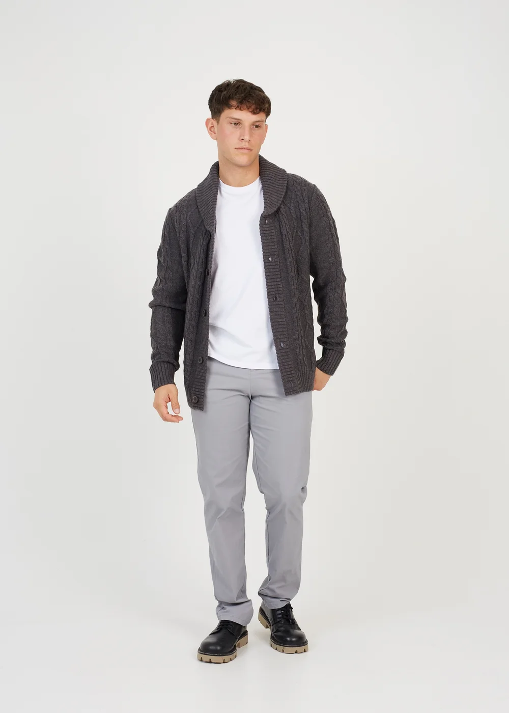 Brave Soul Dark Grey Shawl Neck Cable Knit Cardigan - S Image 4