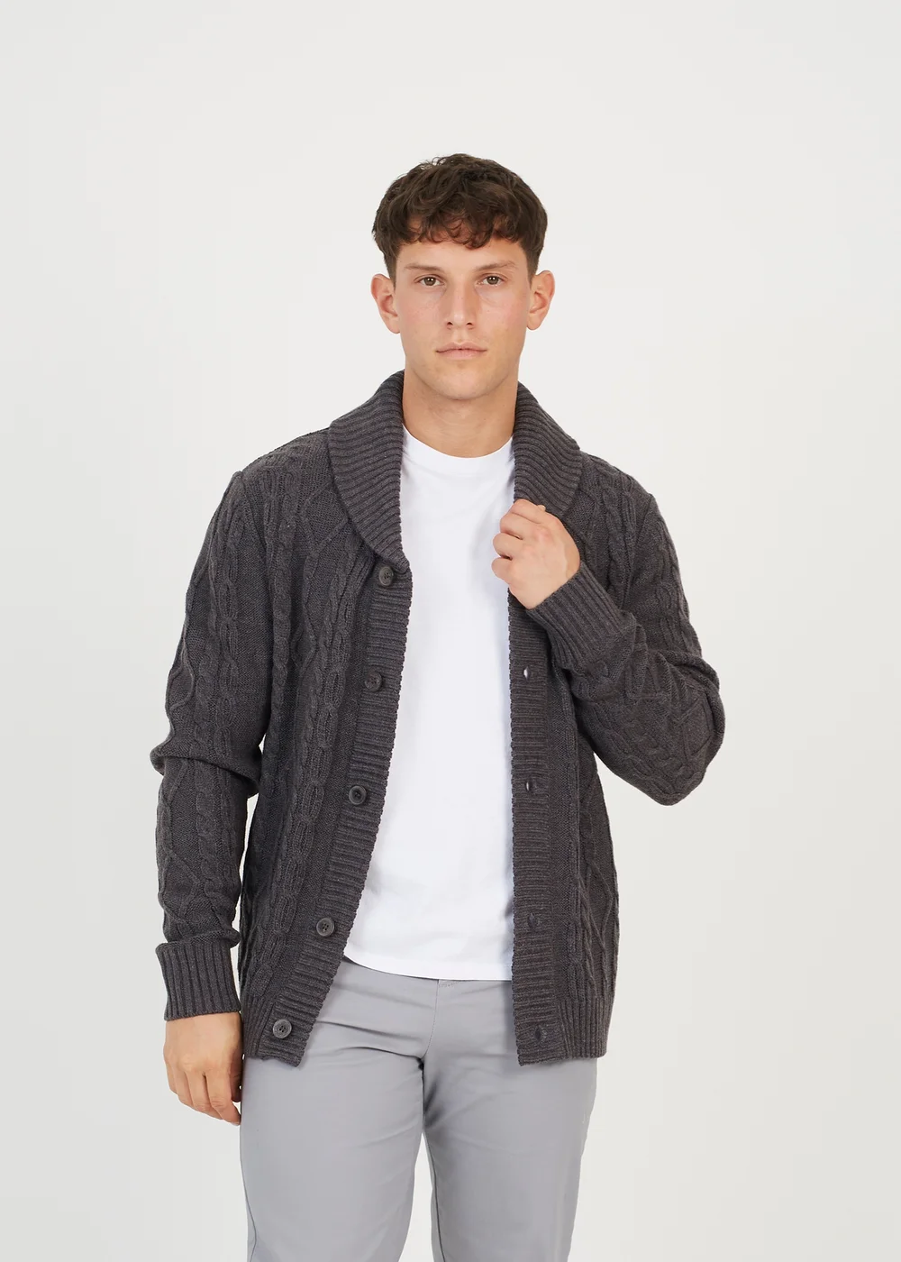 Brave Soul Dark Grey Shawl Neck Cable Knit Cardigan - S Image 1
