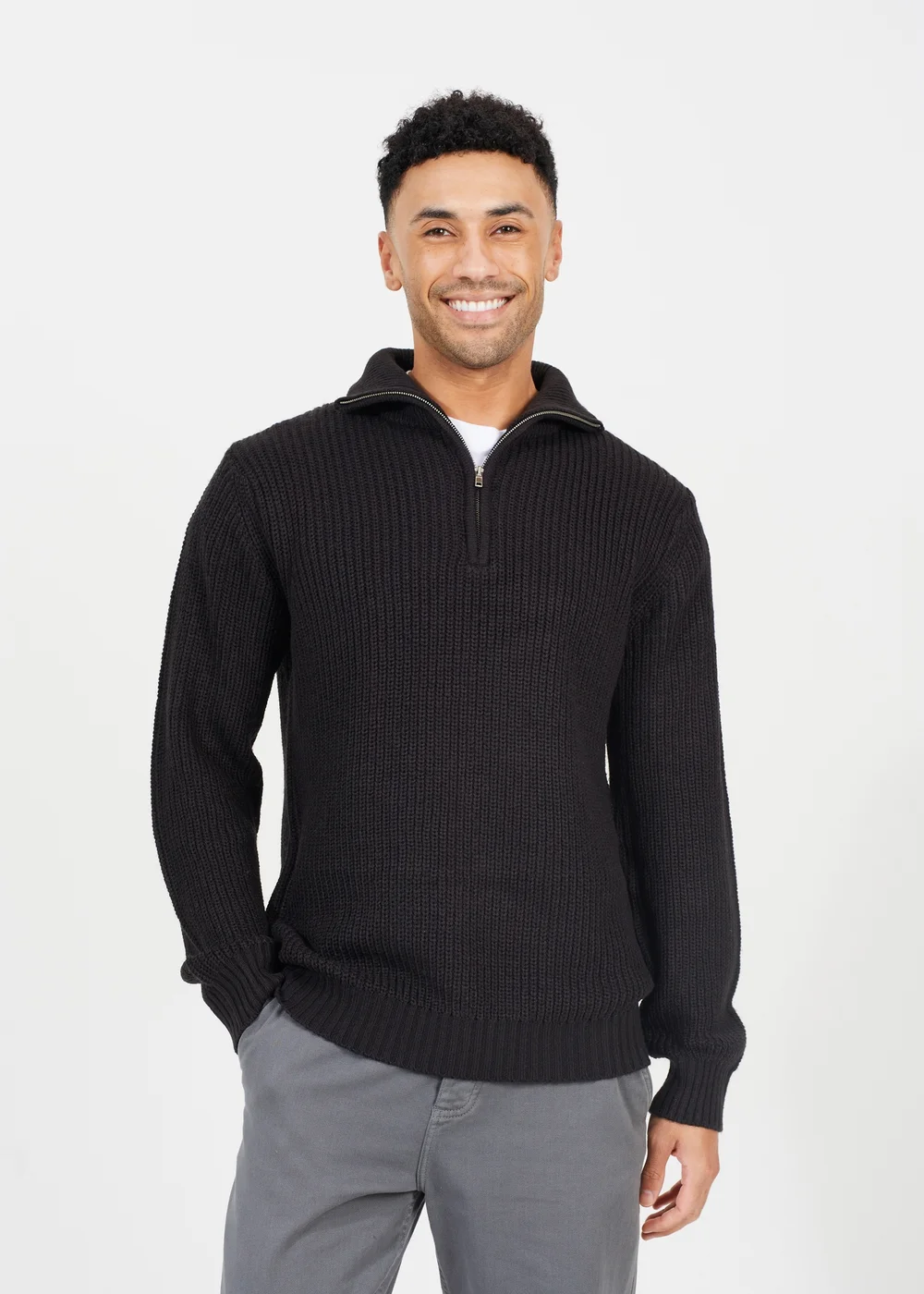 Brave Soul Black Quarter Zip Funnel Neck Knit Jumper - S Image 1