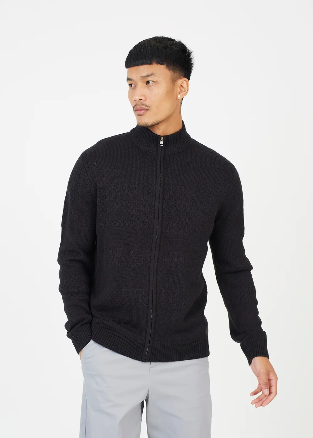 Brave Soul Black Zip Through Funnel Neck Knit Cardigan - S Image 1