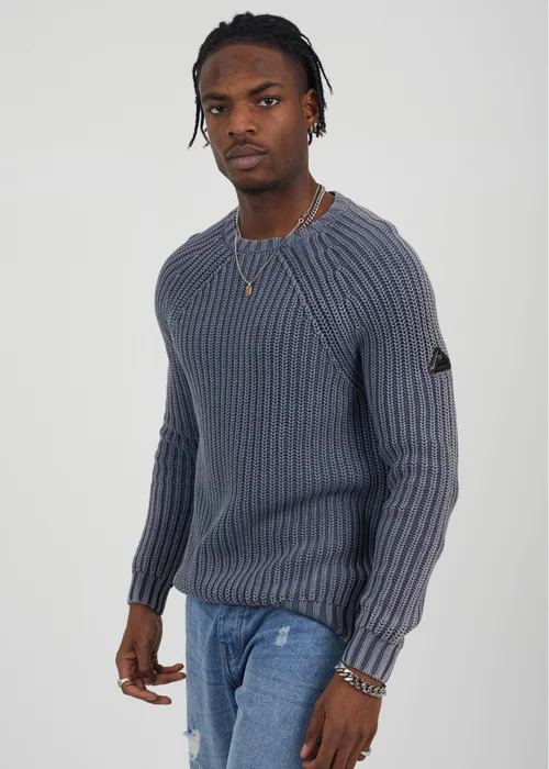 Brave Soul Blue Cotton Crew Neck Acid Wash Rib Knit Jumper - S Image 1