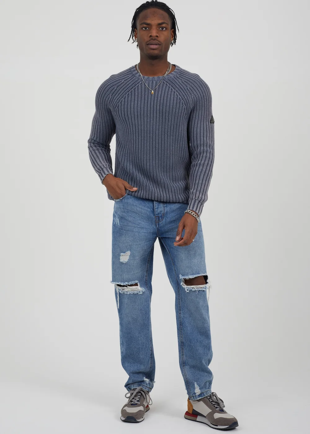 Brave Soul Blue Cotton Crew Neck Acid Wash Rib Knit Jumper - S Image 4