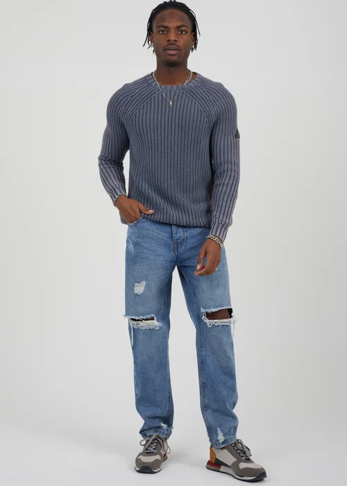 Brave Soul Blue Cotton Crew Neck Acid Wash Rib Knit Jumper - S Image 4