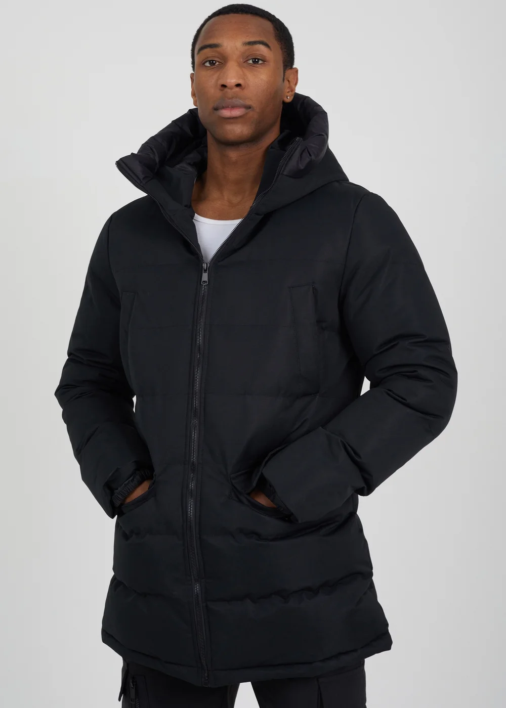 Brave Soul Black Longline Heat Seal Padded Hooded Jacket - S Image 1