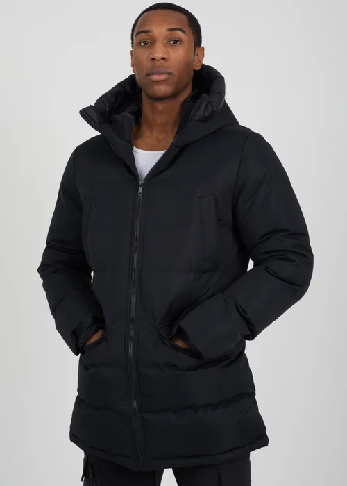 Brave Soul Black Longline Heat Seal Padded Hooded Jacket - S Image 1