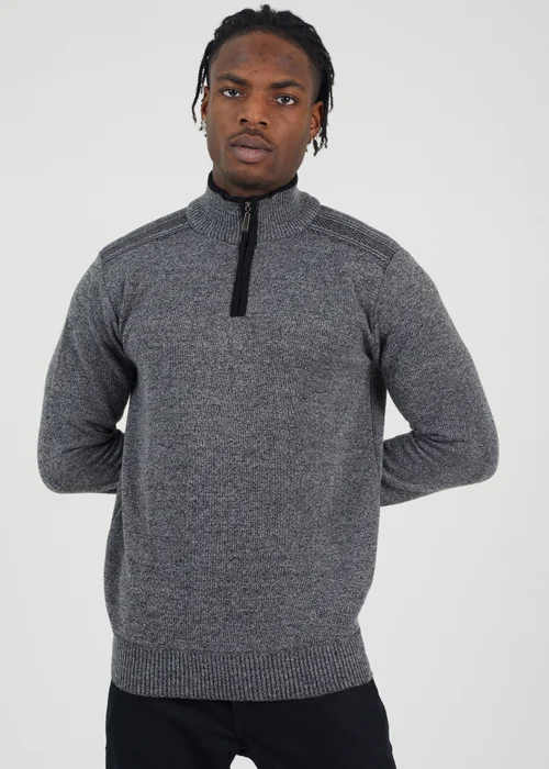 Brave Soul Black Quarter Zip Funnel Neck Rib Knit Jumper with Stripe Detail - S Image 1