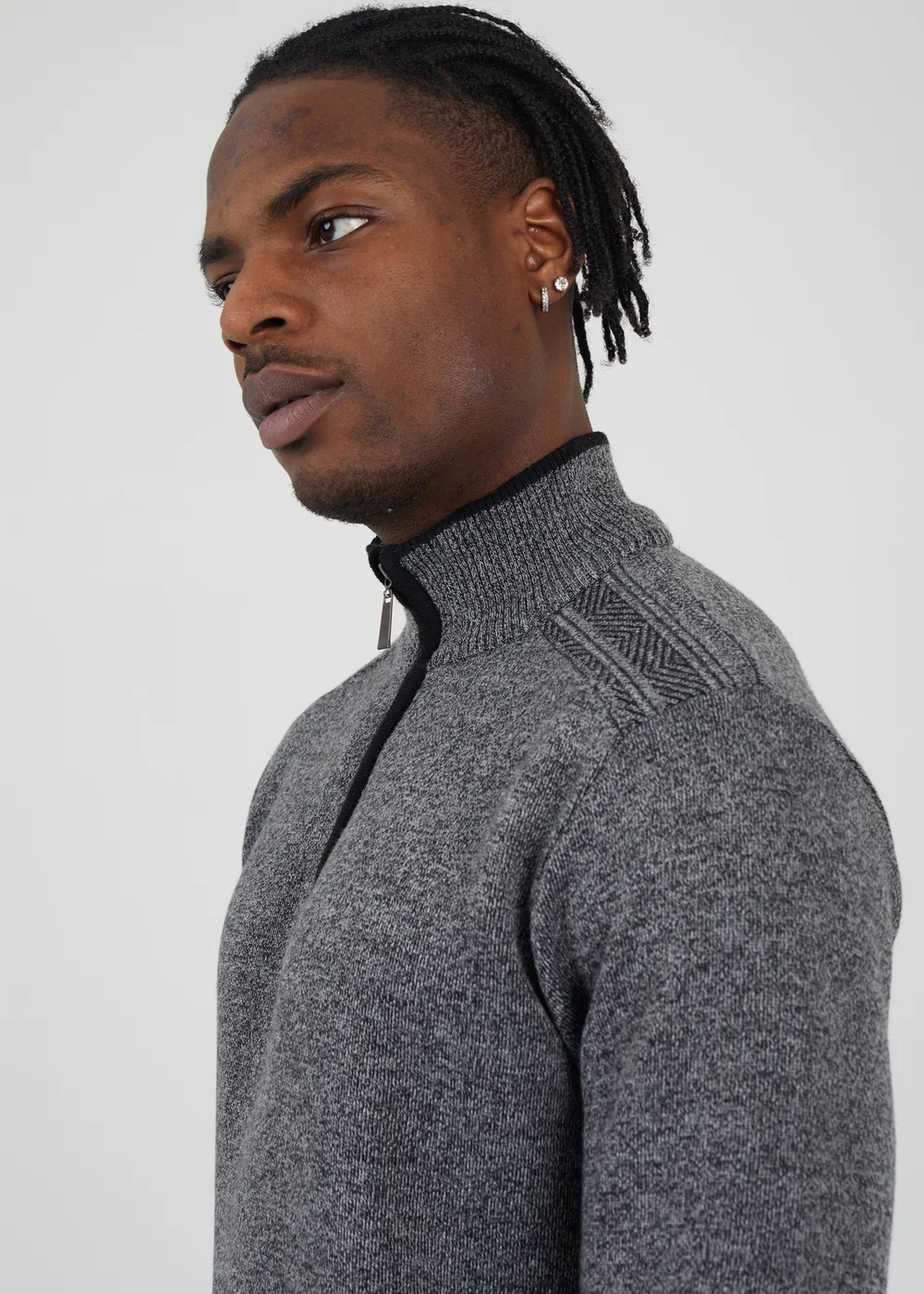 Brave Soul Black Quarter Zip Funnel Neck Rib Knit Jumper with Stripe Detail - S Image 3