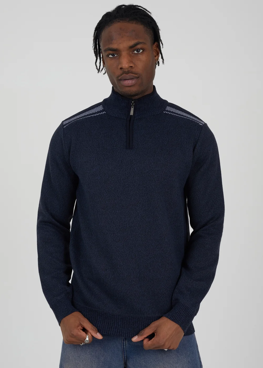Brave Soul Navy Quarter Zip Funnel Neck Rib Knit Jumper with Stripe Detail - S Image 1