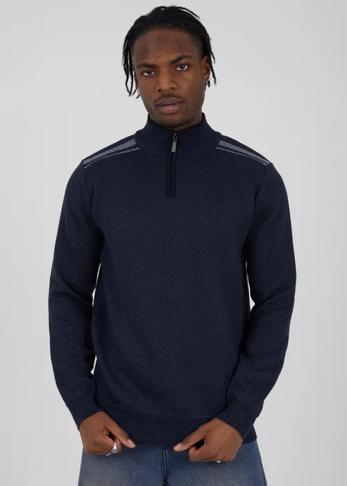 Brave Soul Navy Quarter Zip Funnel Neck Rib Knit Jumper with Stripe Detail - S Image 1