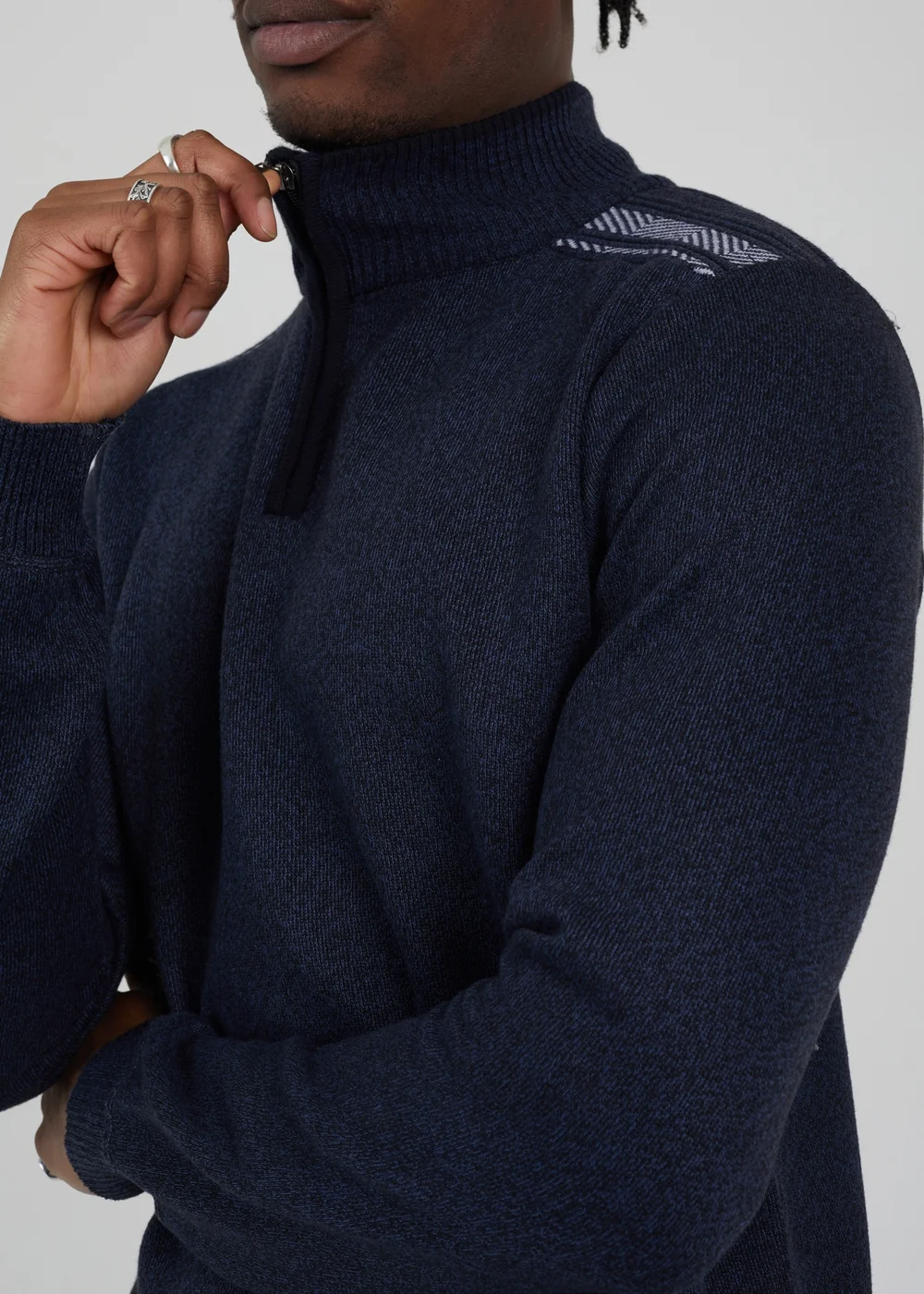 Brave Soul Navy Quarter Zip Funnel Neck Rib Knit Jumper with Stripe Detail - S Image 3