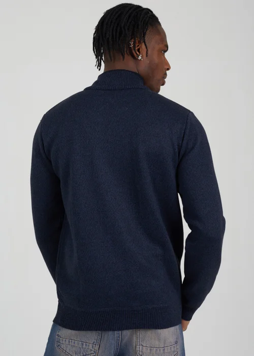 Brave Soul Navy Quarter Zip Funnel Neck Rib Knit Jumper with Stripe Detail - S Image 2