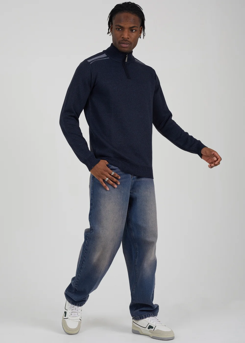Brave Soul Navy Quarter Zip Funnel Neck Rib Knit Jumper with Stripe Detail - S Image 4