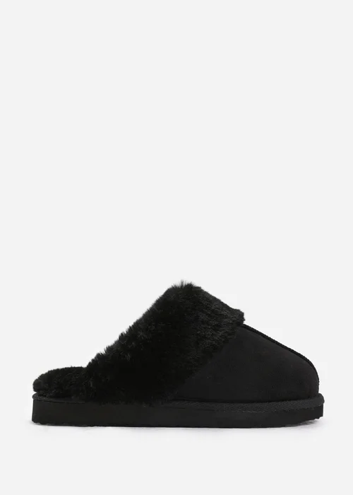 Where's That From Lounge Black Faux Suede Slippers With Fur Trim - Size 7 Image 2