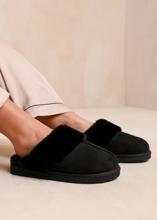 Where's That From Lounge Black Faux Suede Slippers With Fur Trim - Size 7 Image 1
