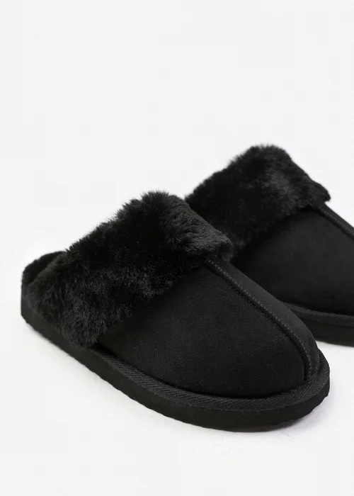 Where's That From Lounge Black Faux Suede Slippers With Fur Trim - Size 7 Image 3
