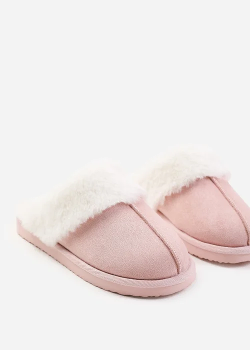 Where's That From Lounge Pink Faux Suede Slippers With Fur Trim - 8 Image 3