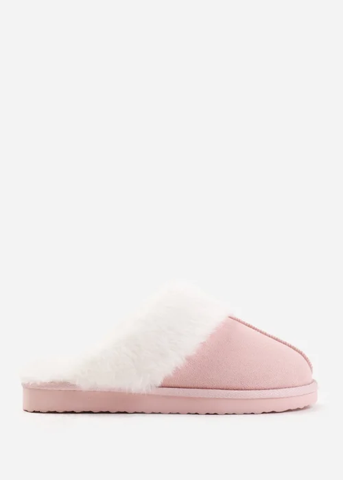 Where's That From Lounge Pink Faux Suede Slippers With Fur Trim - 8 Image 2