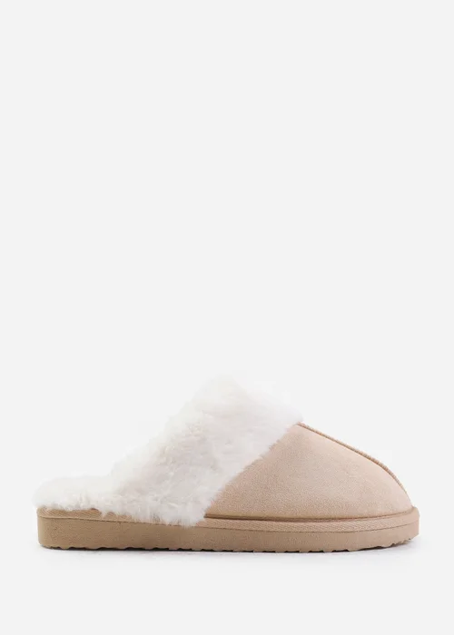 Where's That From Lounge Cream Faux Suede Slippers With Fur Trim - 3 Image 1