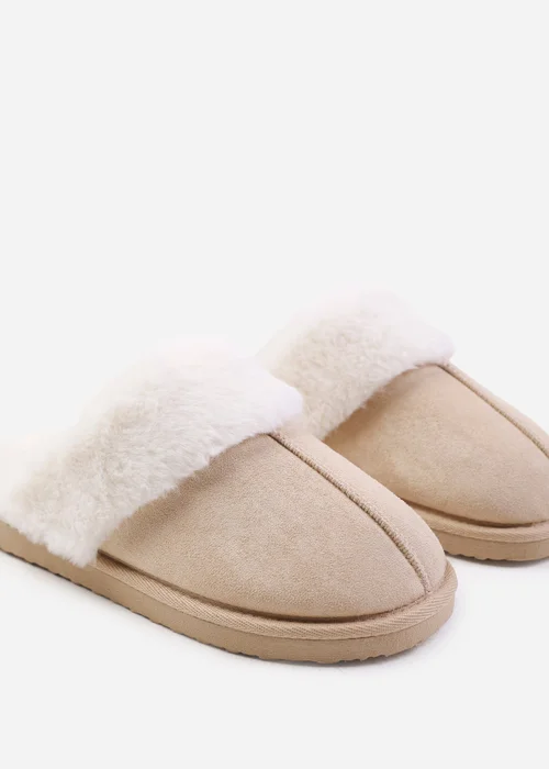 Where's That From Lounge Cream Faux Suede Slippers With Fur Trim - 3 Image 3