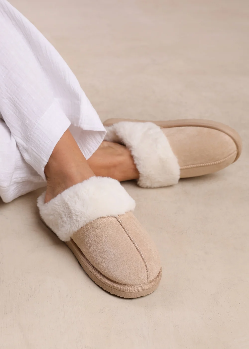 Where's That From Lounge Cream Faux Suede Slippers With Fur Trim - 3 Image 2