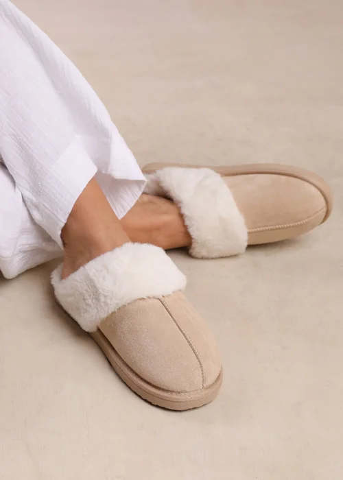 Where's That From Lounge Cream Faux Suede Slippers With Fur Trim - 3 Image 2