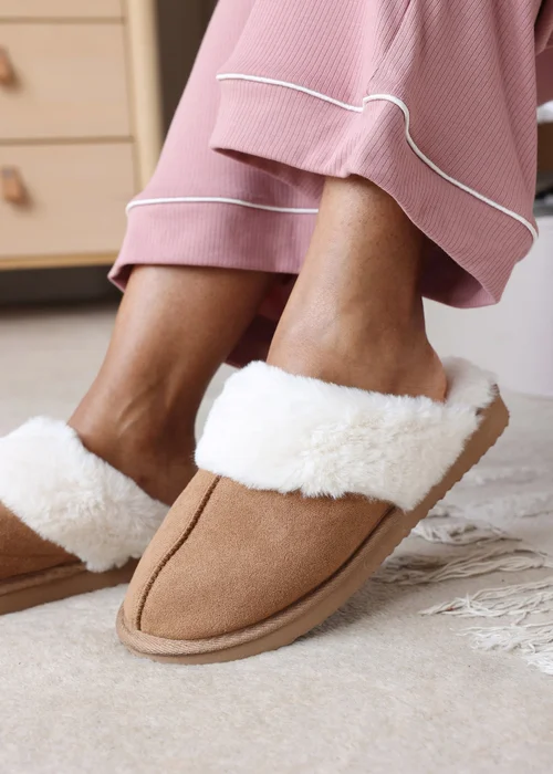 Where's That From Lounge Camel Faux Suede Slippers With Fur Trim - 8 Image 2