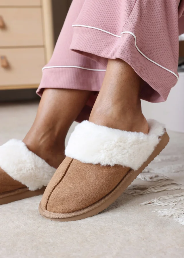 Where's That From Lounge Camel Faux Suede Slippers With Fur Trim