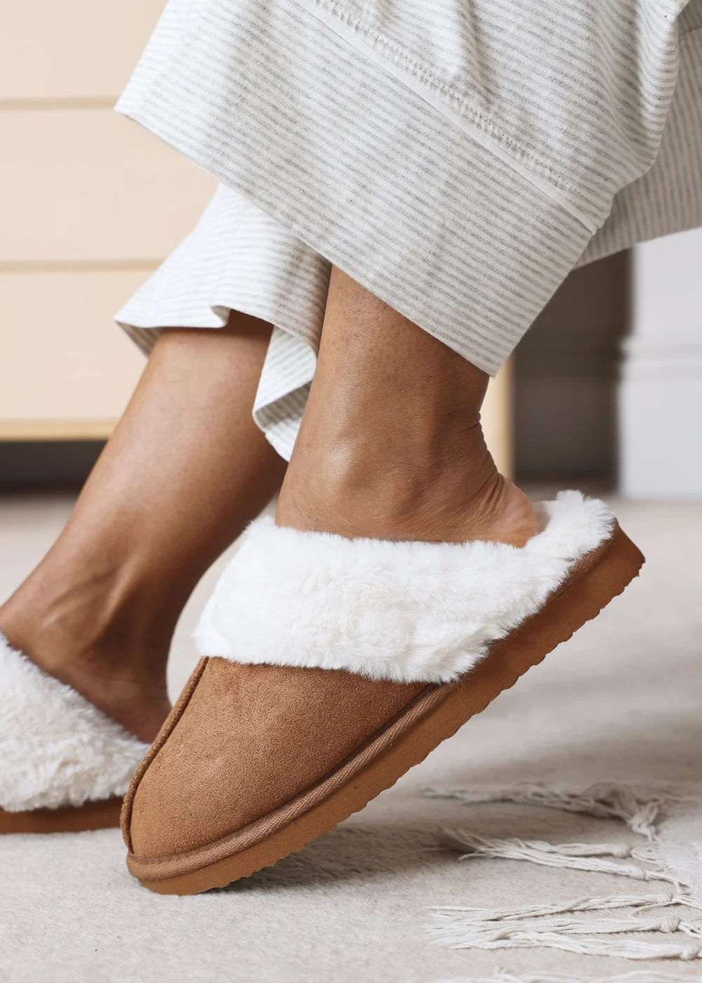 Where's That From Lounge Chestnut Faux Suede Slippers With Fur Trim - 4 Image 4