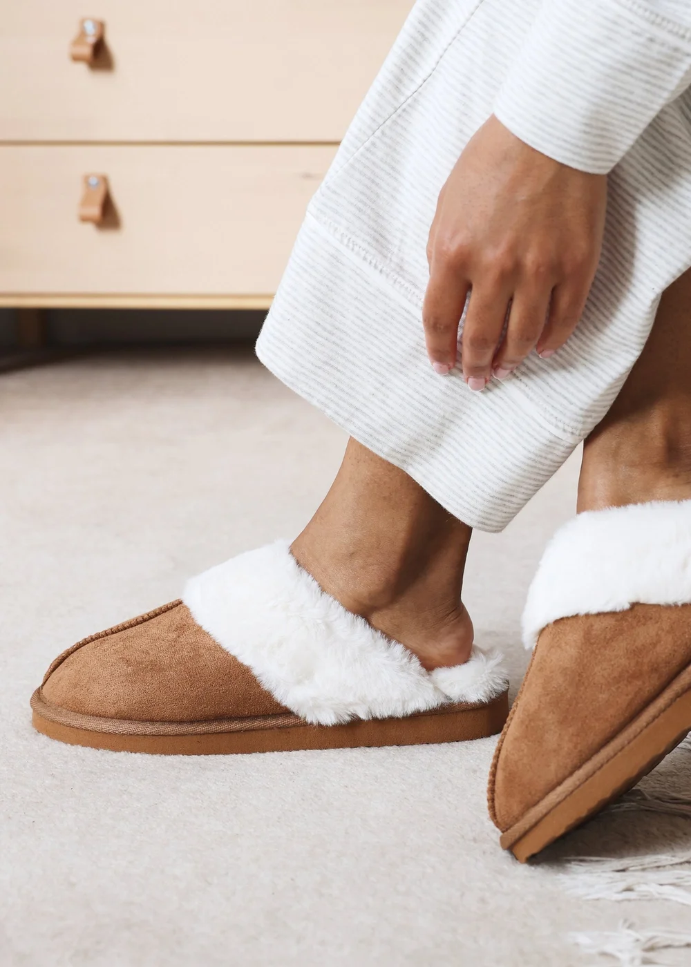 Where's That From Lounge Chestnut Faux Suede Slippers With Fur Trim - 4 Image 2