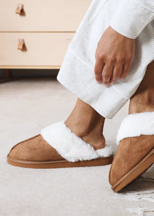 Where's That From Lounge Chestnut Faux Suede Slippers With Fur Trim - 4 Image 2