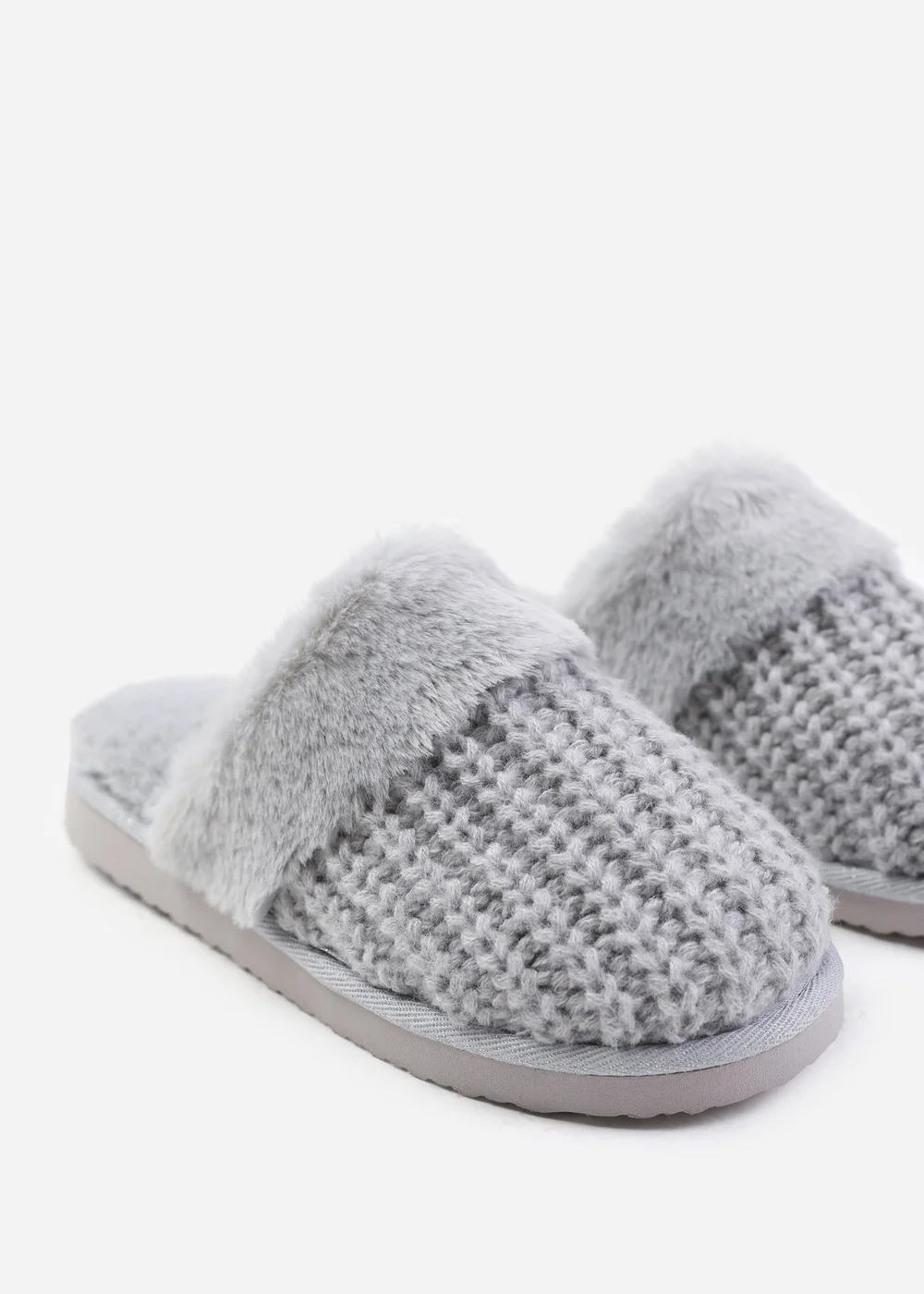 Where's That From Comfort Grey Yarn Fur Trim Knitted Slippers - 3 Image 3