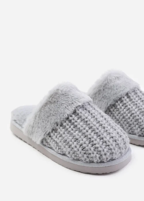 Where's That From Comfort Grey Yarn Fur Trim Knitted Slippers - 3 Image 3