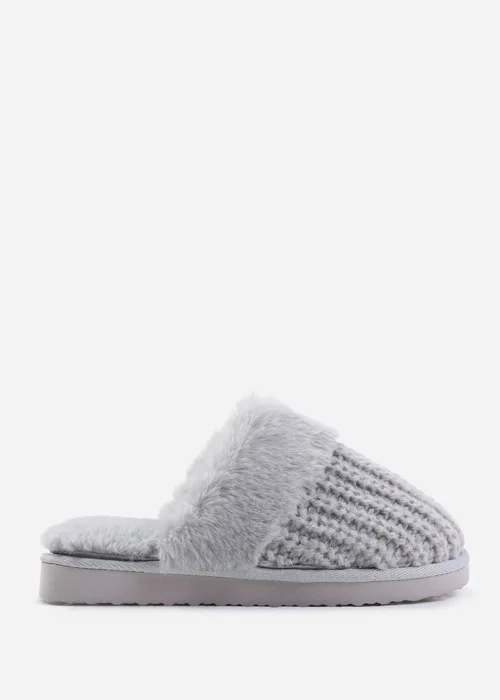 Where's That From Comfort Grey Yarn Fur Trim Knitted Slippers - 3 Image 1