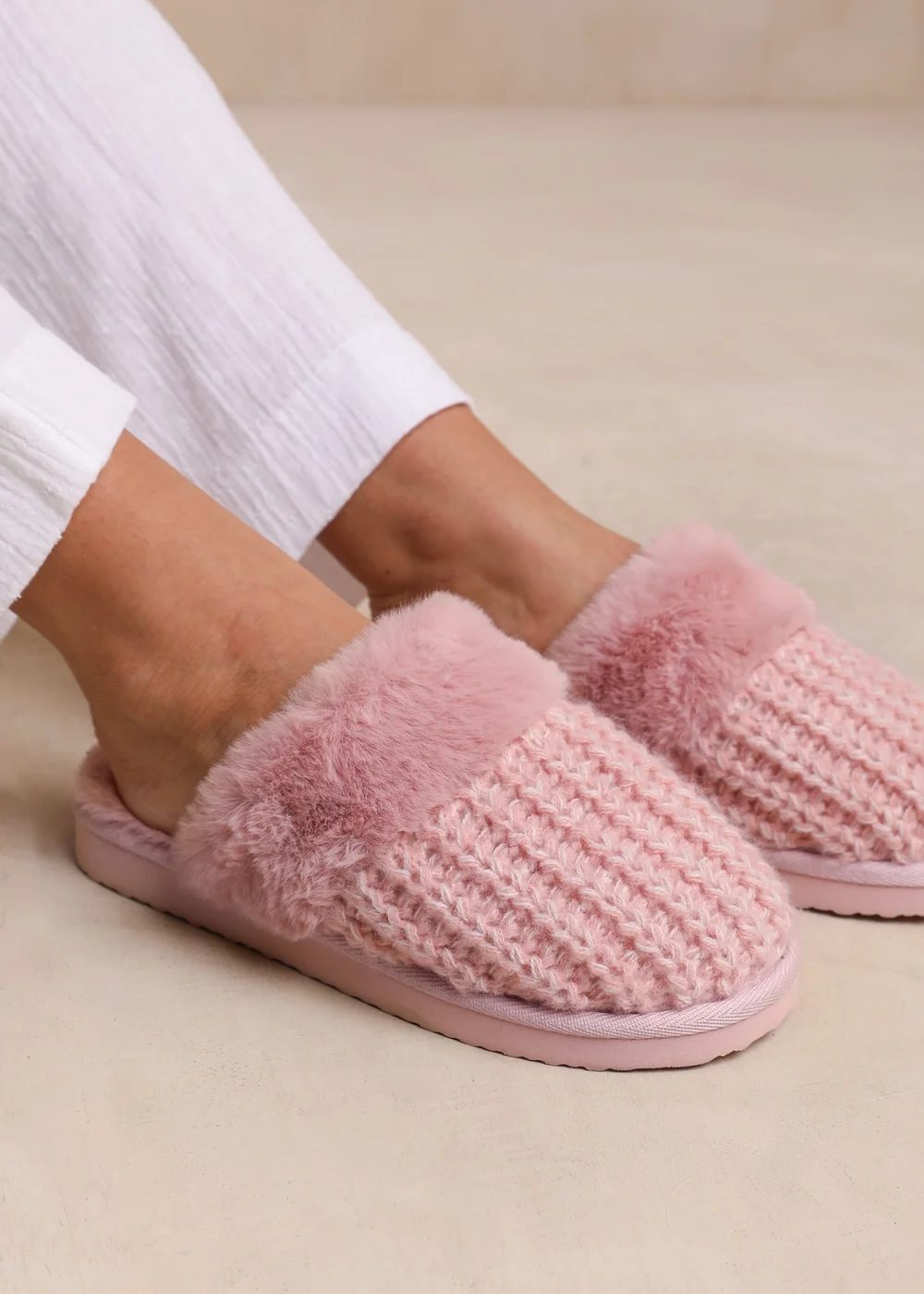 Where's That From Comfort Pink Yarn Fur Trim Knitted Slippers - 3 Image 1
