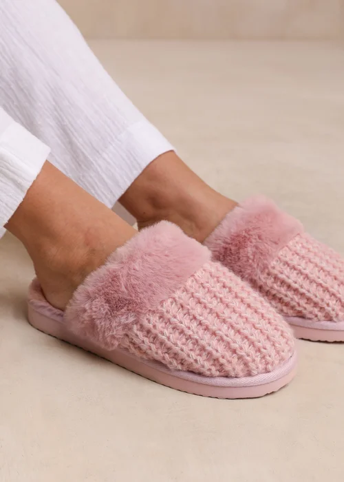 Where's That From Comfort Pink Yarn Fur Trim Knitted Slippers - 3 Image 1