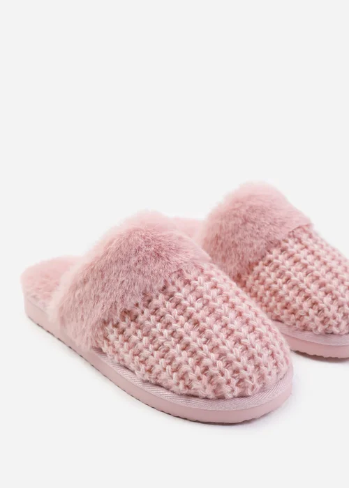 Where's That From Comfort Pink Yarn Fur Trim Knitted Slippers - 3 Image 3
