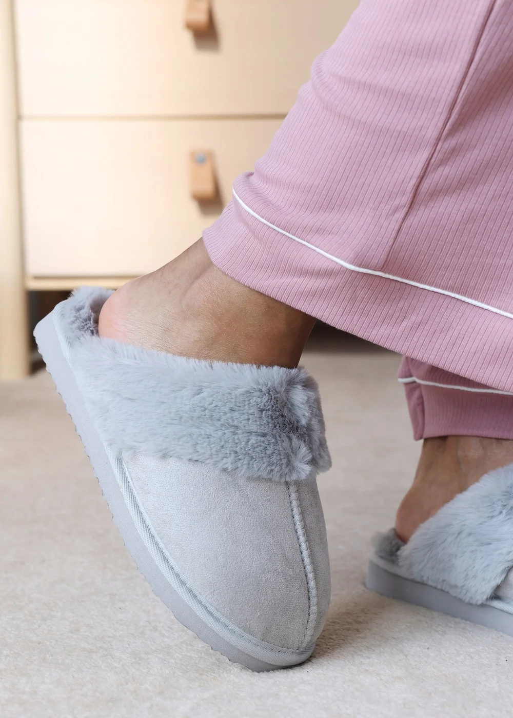 Where's That From Lounge Grey Faux Suede Slippers With Fur Trim - 6 Image 4