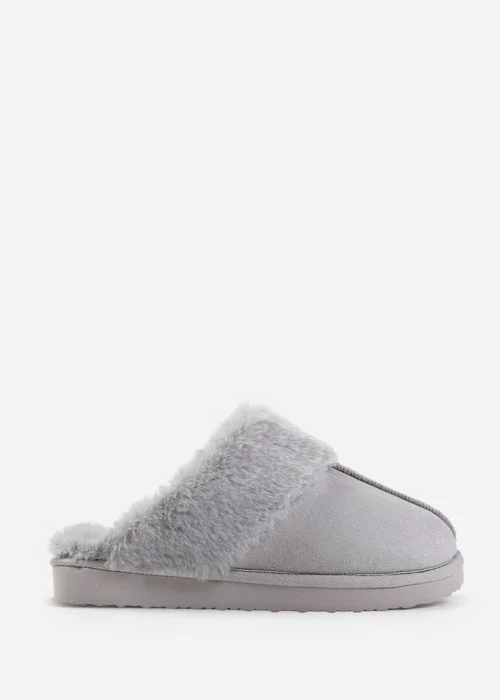 Where's That From Lounge Grey Faux Suede Slippers With Fur Trim - 6 Image 1