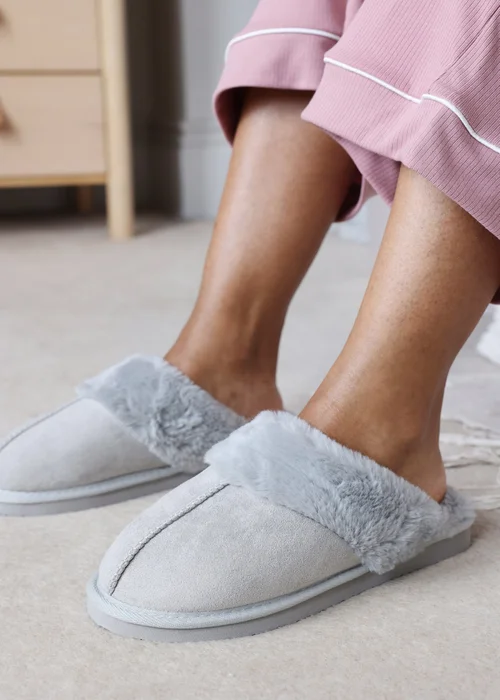 Where's That From Lounge Grey Faux Suede Slippers With Fur Trim - 6 Image 2