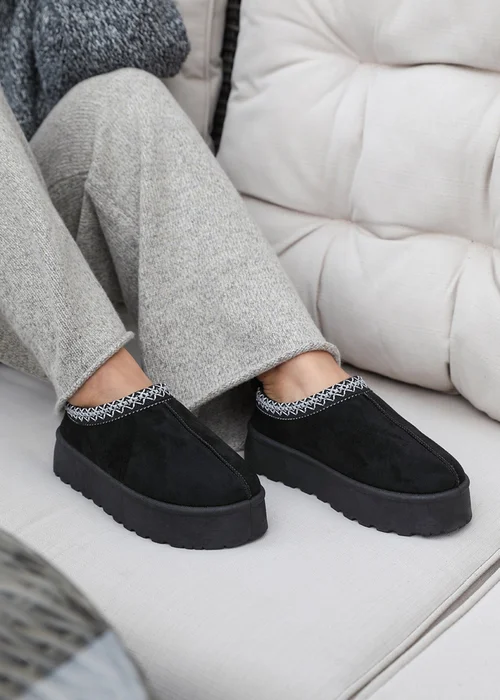 Where's That From Allegra Black Faux-Faux Suede Embroidered Ankle Slipper Boots - 3 Image 2