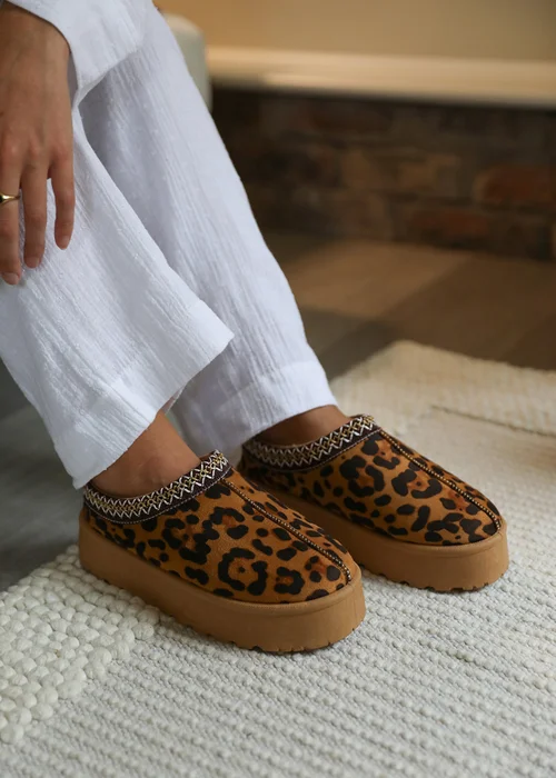 Where's That From Allegra Leopard Faux-Suede Embroidered Ankle Slipper Boots - 3 Image 1