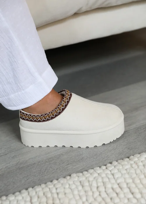 Where's That From Allegra Cream Faux-Faux Suede Embroidered Ankle Slipper Boots - 3 Image 2