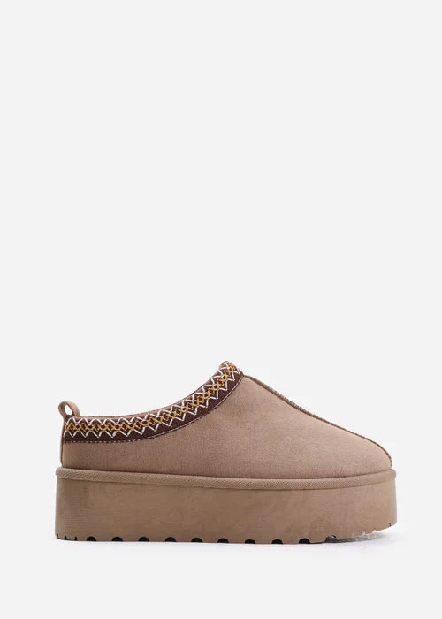 Where's That From Allegra Camel Faux-Faux Suede Embroidered Ankle Slipper Boots - 3 Image 1