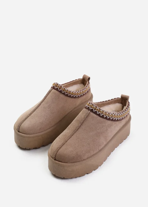 Where's That From Allegra Camel Faux-Faux Suede Embroidered Ankle Slipper Boots - 3 Image 4