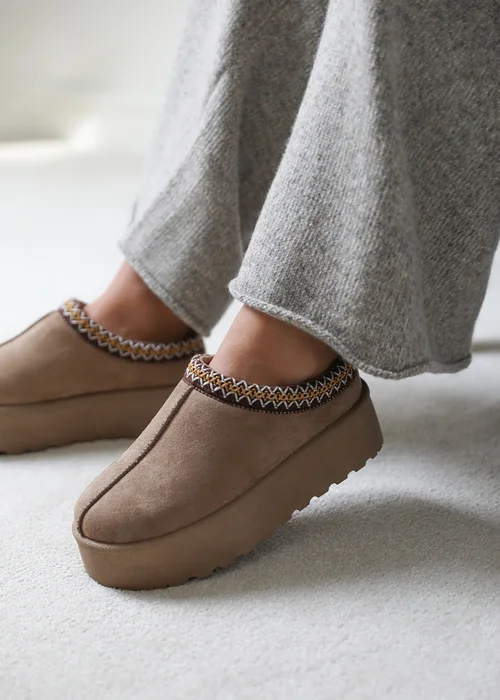 Where's That From Allegra Camel Faux-Faux Suede Embroidered Ankle Slipper Boots - 3 Image 2