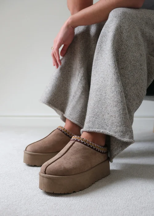 Where's That From Allegra Camel Faux-Faux Suede Embroidered Ankle Slipper Boots - 3 Image 3